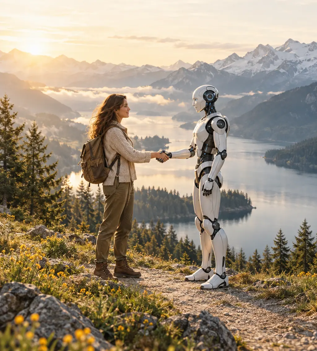 Człowiek i robot na tle gór i jeziora